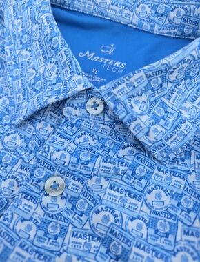 Masters Tech Badges Print Performance Blue Golf Polo Shirt Augusta National